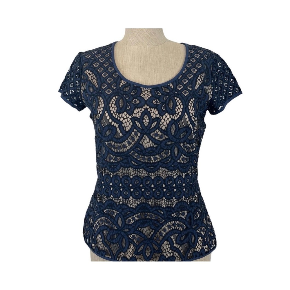 ANN‎ TAYLOR Women's Blue Lace Lined Short Slerve Blouse Size XXL